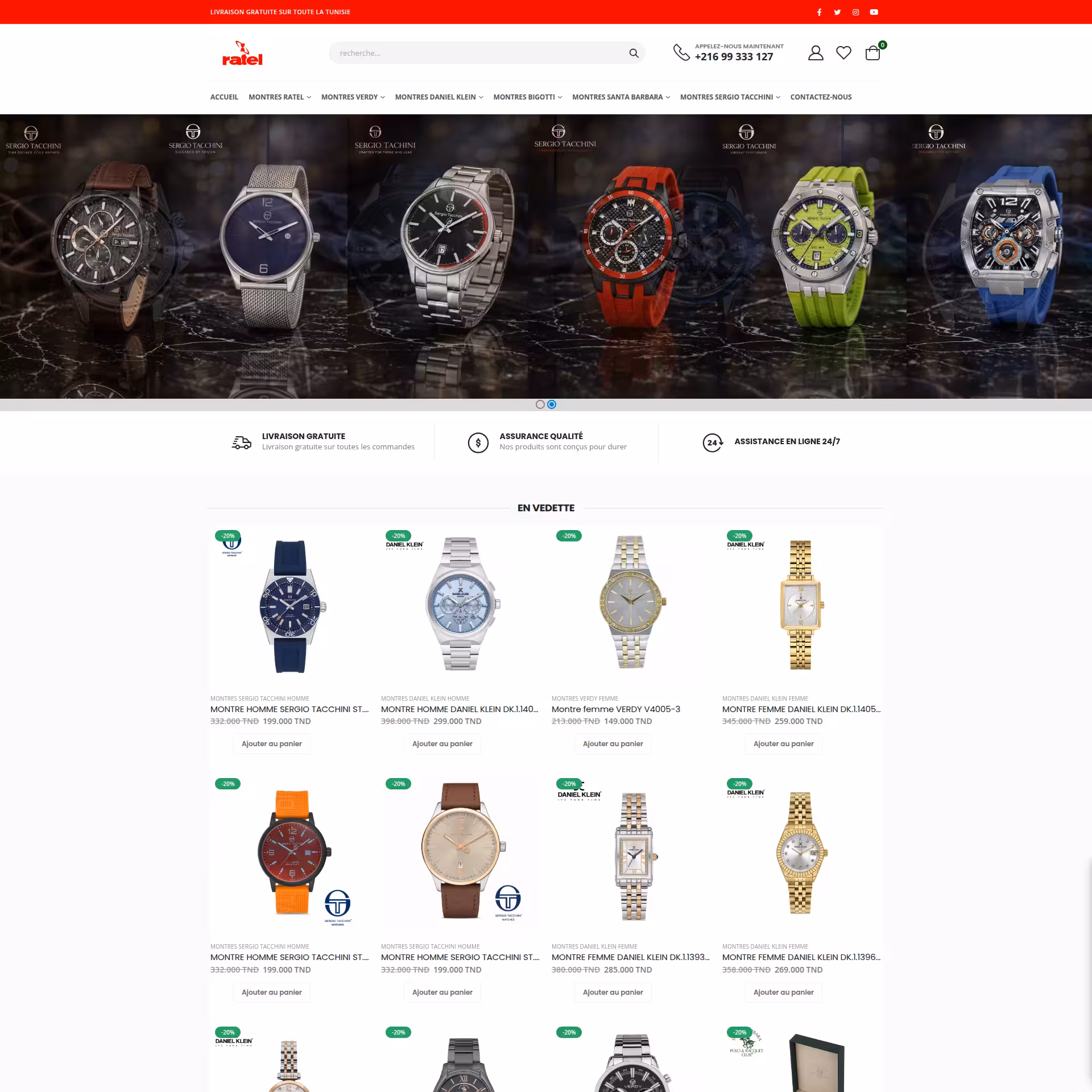 Page d’accueil du site Ratel Montres (ratel.com.tn/fr) réalisé par MCS