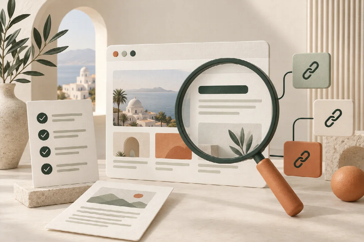 Illustration : Audit SEO de 40 points de contrôle : site web examiné à la loupe sur la technique, le contenu, la popularité et la concurrence