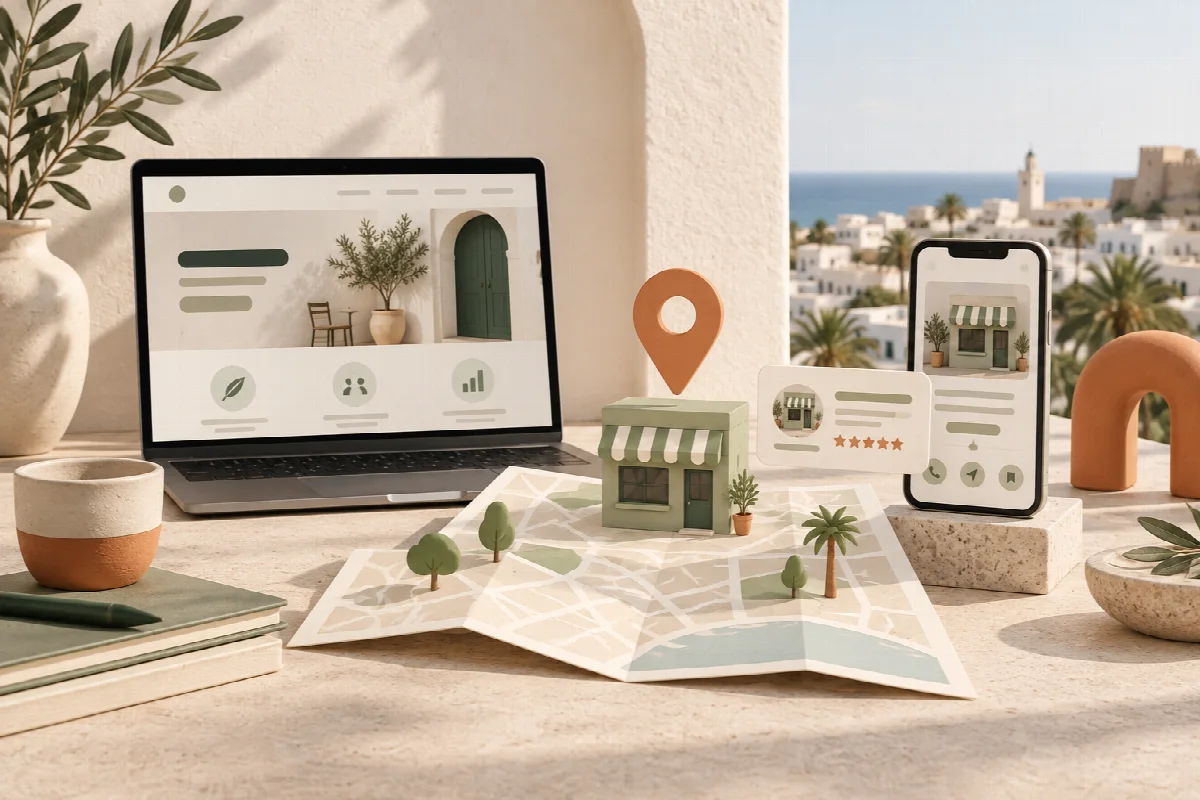 Illustration : Référencement local en Tunisie : entreprise visible sur la carte avec fiche d'établissement, avis clients et requêtes métier + ville