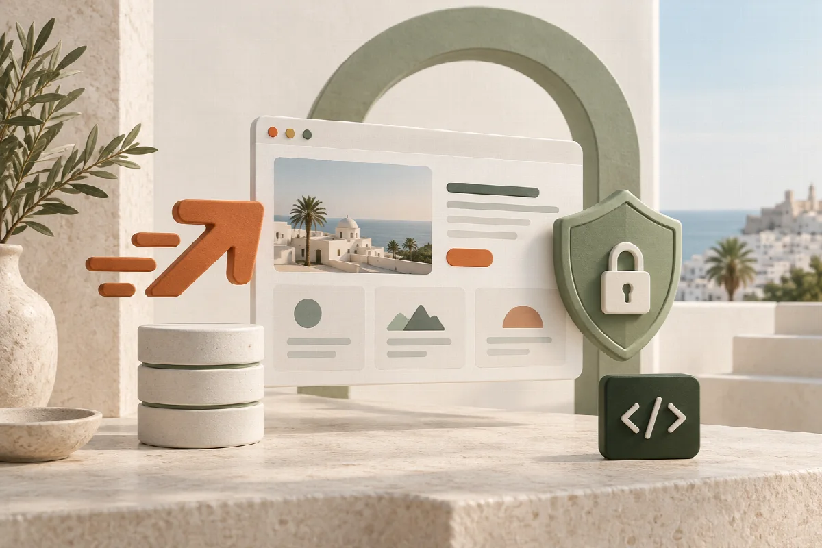 Illustration : Performance et sécurité par construction d'un site sur mesure : chargement sous la seconde, score Lighthouse supérieur à 90 et périmètre protégé contre les attaques automatisées