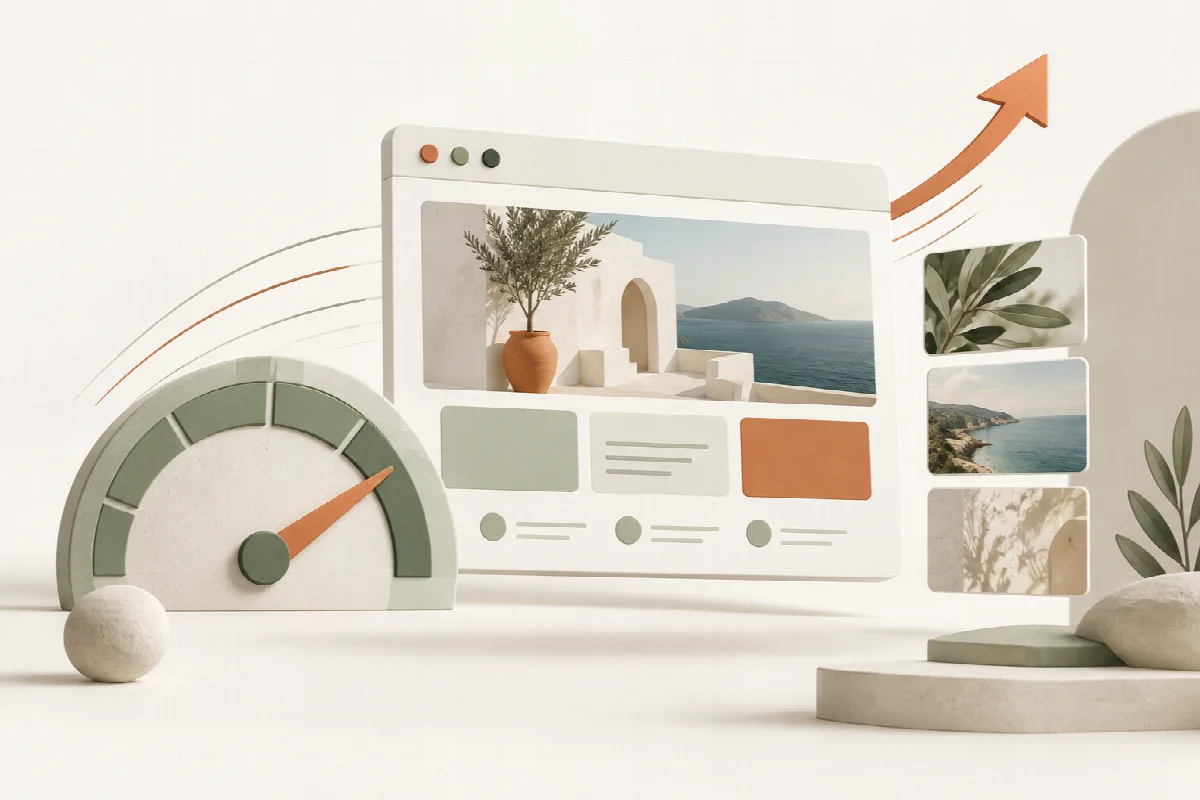 Illustration de la performance web : interface épurée, jauge de vitesse et images optimisées dans une composition ivoire et vert sauge
