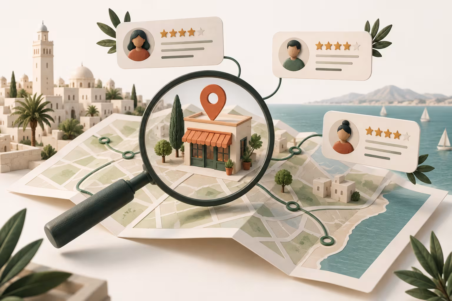 Illustration de la recherche locale : carte, commerce, loupe et avis clients.