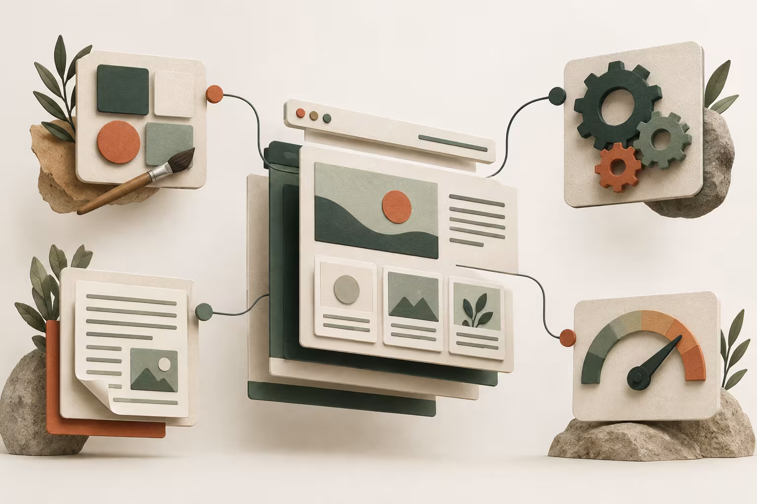 Illustration des quatre postes du budget web : design, contenu, fonctionnalités et performance.